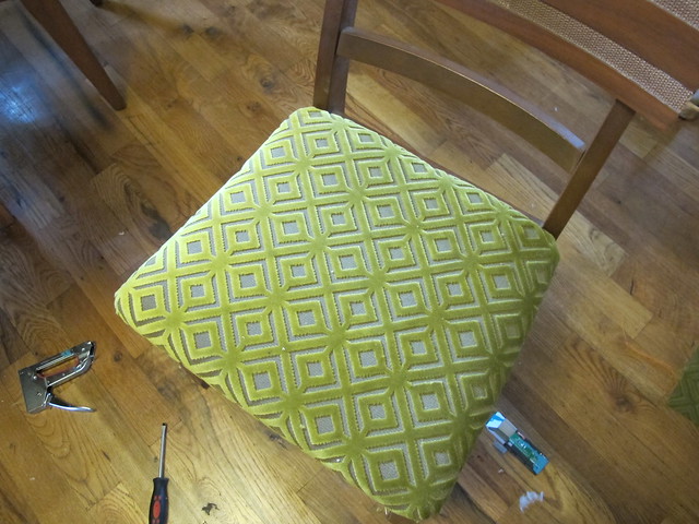 Chairs reupholstered with fabric from Mood Fabrics