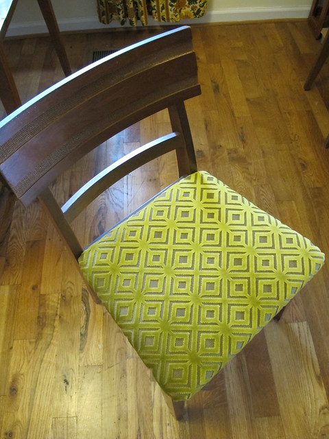 Chairs reupholstered with fabric from Mood Fabrics