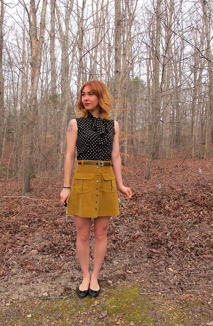 Silk Top & Corduroy Mini Skirt
